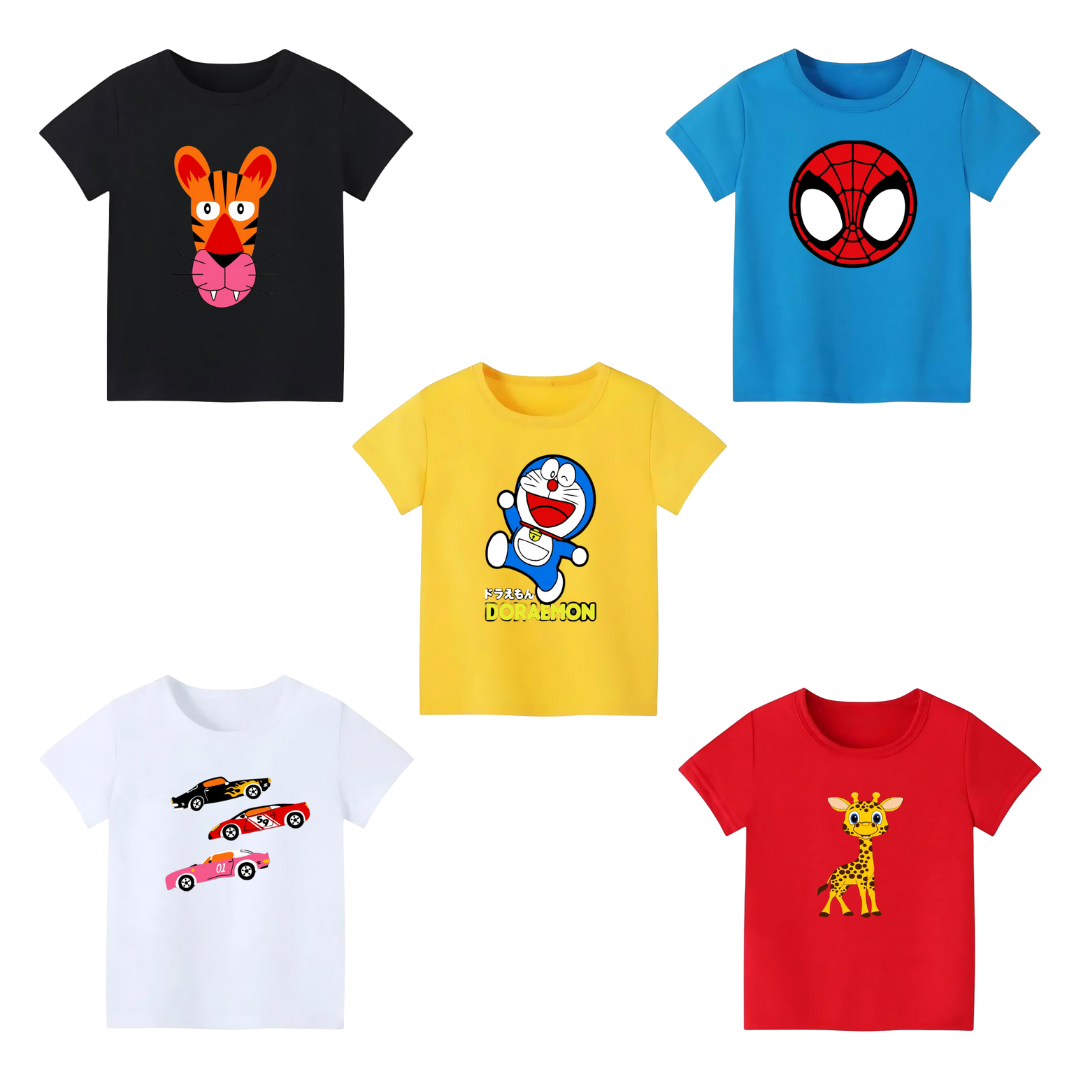 Pack of 5 Printed T-shirts - Premium Printed T-shirts for Teen Boys & Girls - 100% Cotton, High-Quality DTF Prints - Kids N Tees