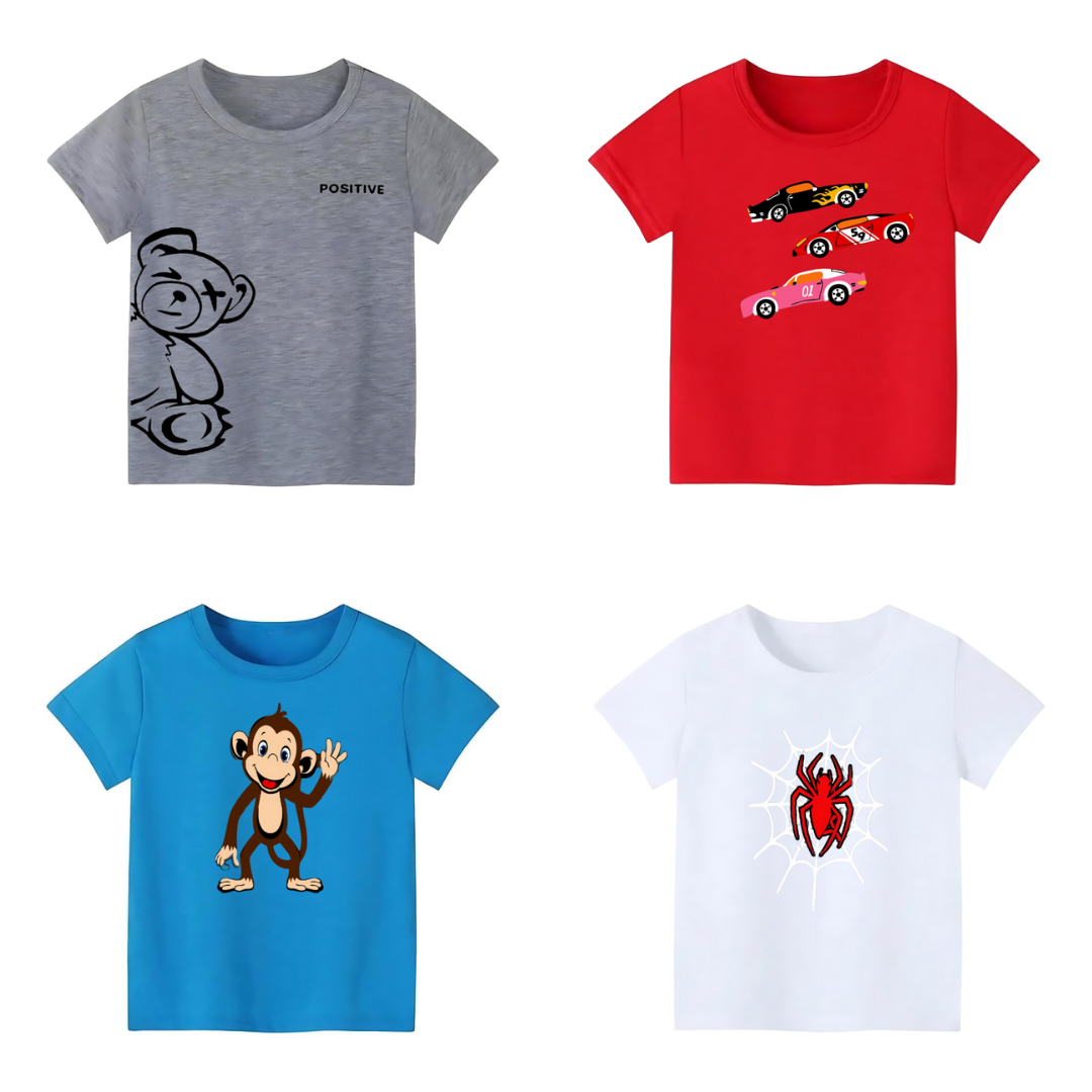 Pack of 4 Printed T-shirts - Premium Printed T-shirts for Teen Boys & Girls - 100% Cotton, High-Quality DTF Prints - Kids N Tees